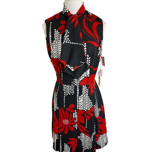 Vintage 60s Sears Crestknit Mod Dress XS S Tag Jr 9 Black Red Floral Scarf Mod - Picture 1 of 13